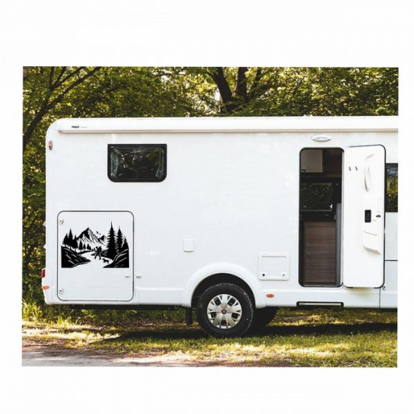 wohnmobil aufkleber wanderer mit hund und Berge