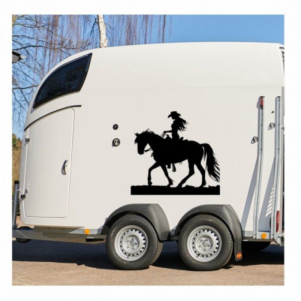 westernreiten cowgirl aufkleber sticker mit pferd für trailer anhänger western styl individuell