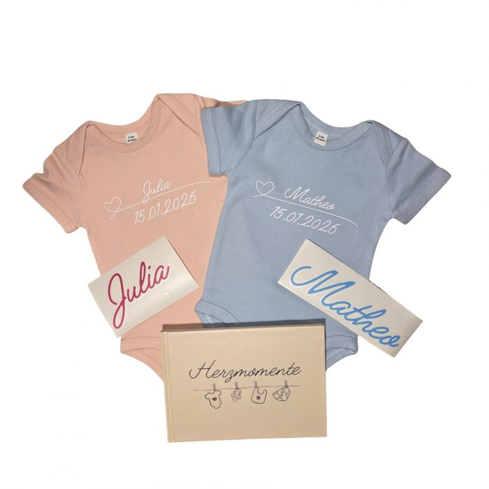 herzmomente babybuch im set mit strampler und namen