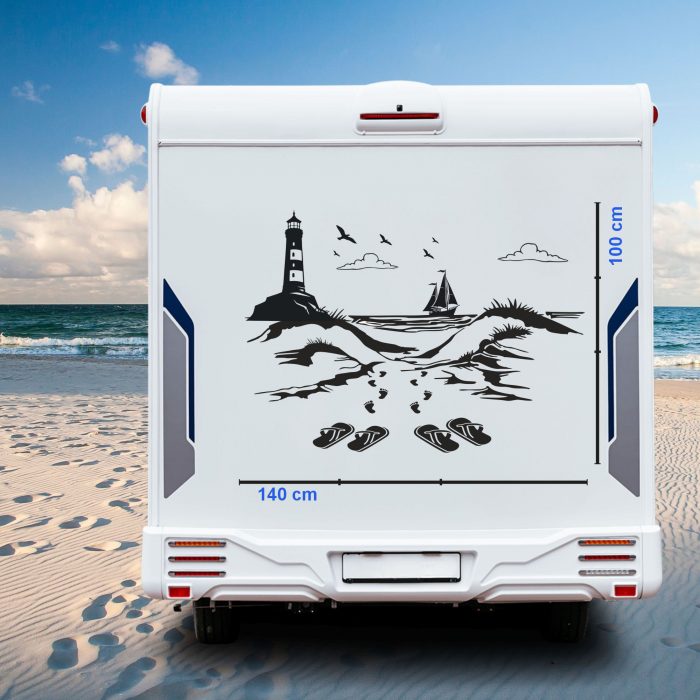 wohnmobil aufkleber leuchtturm, schiff und strand