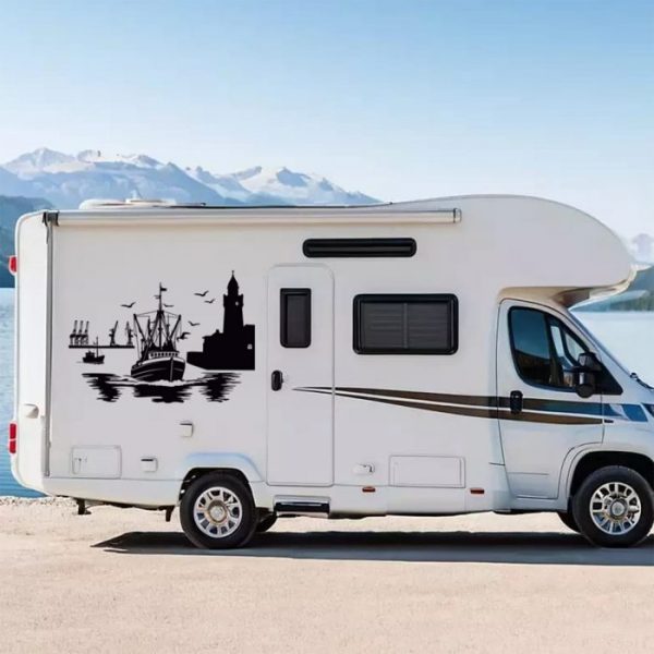 wohnmobil aufkleber hamburg hafen motiv schiff und kran
