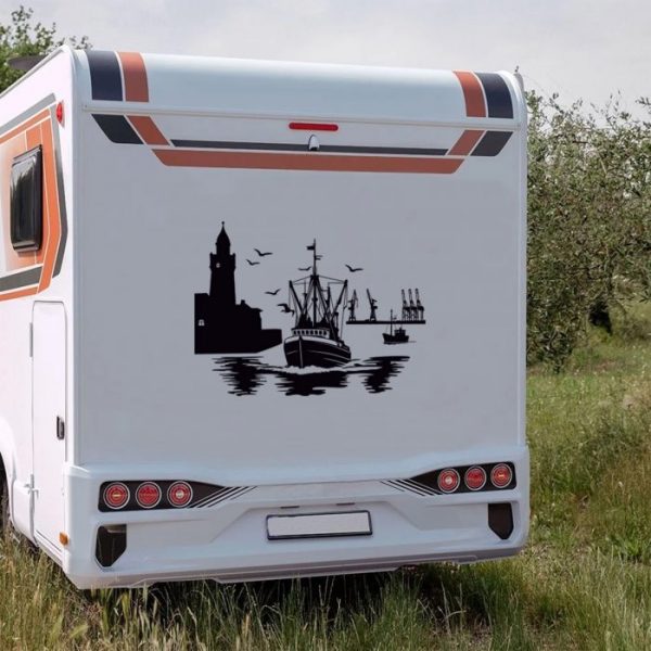 wohnmobil aufkleber hamburg hafen motiv schiff und kran