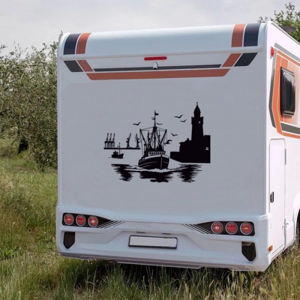 wohnmobil aufkleber hamburg hafen motiv schiff und kran